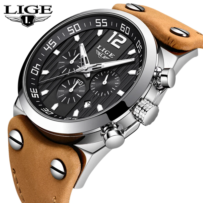 

LIGE Army Military Watches Top Brand Luxury Sports Casual Waterproof Watch Male Leather Quartz Wristwatch Men Relogio Masculino