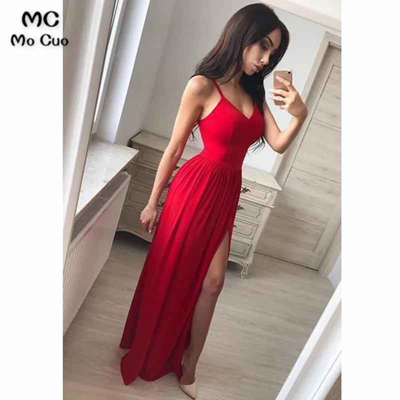 

2018 New Red Evening Dresses Long Front Slit V-Neck Floor Length Spaghetti Straps Chiffon vestido de festa Prom Dress for Women