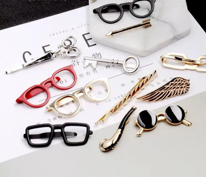 

6 styles Tie Clip Bullet Feather Glasses Anchor Mustache Key Shape Metal Tie Clip for Men Glasses Commercial Necktie Clips Pin