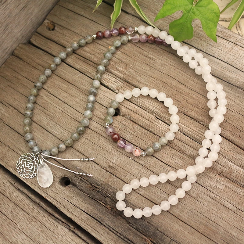 8mm Natural Stone Beads,Amethyst Ghost,Labradorite,White Stone,Chakra,JapaMala Sets,Spiritual Jewelry,Meditation,108 Mala Beads