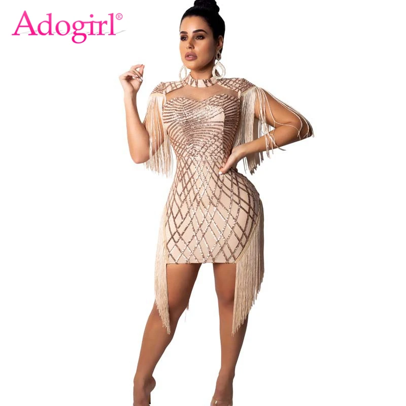 Ceny Adogirl frędzle, cekiny Night Club suknie wieczorowe Cape paski spaghetti Bodycon Mini sukienka wysokiej jakości kobiece stroje