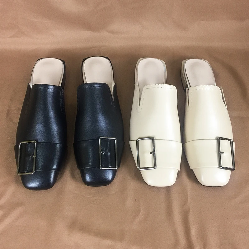 

Women Shoes 2019 Genuine Leather Mules Shoes Women Slippers Spring Pumps Squared Toe Flats Loafers Casual Shoes Female Slides