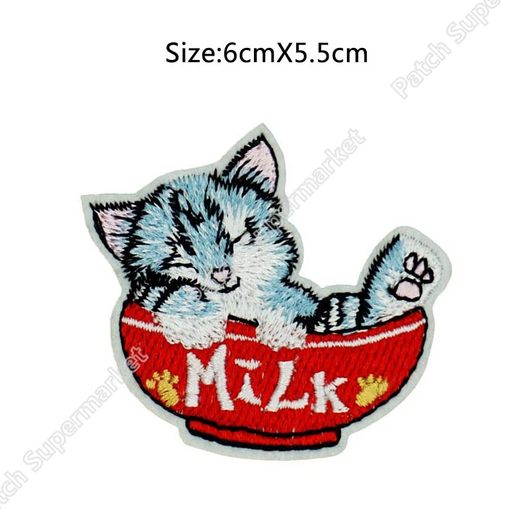 Кошка котенок в молочная чашка Kawaii ремесло железо на заплатках Полный вышитый