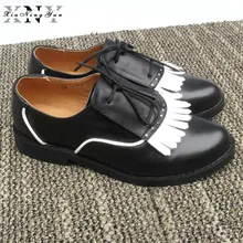 XiuNingYan/натуральная кожа Для женщин обувь на плоской подошве ручной работы белый черный броги на шнуровке удобные бахрома Оксфорд обувь для Женские туфли-лодочки