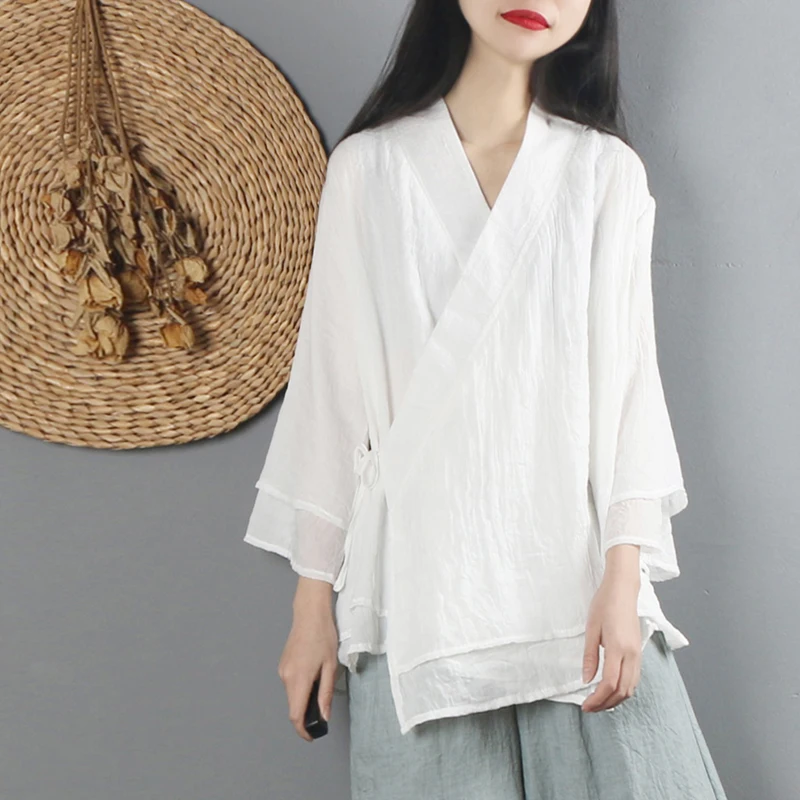 tops hanfu top chinese shirt chinese style traditional chinese clothing for women v neck loose chinese traditional tops - Цвет: color1