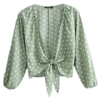 Women Polka Dot Print Blouse Sexy Deep V Neck Sweet Bow Tie Long Puff Sleeve Shirt Casual Female Chic Tops FFZSY337 sweet long sleeves cartoon print blouse polka dot skirt twinset for women