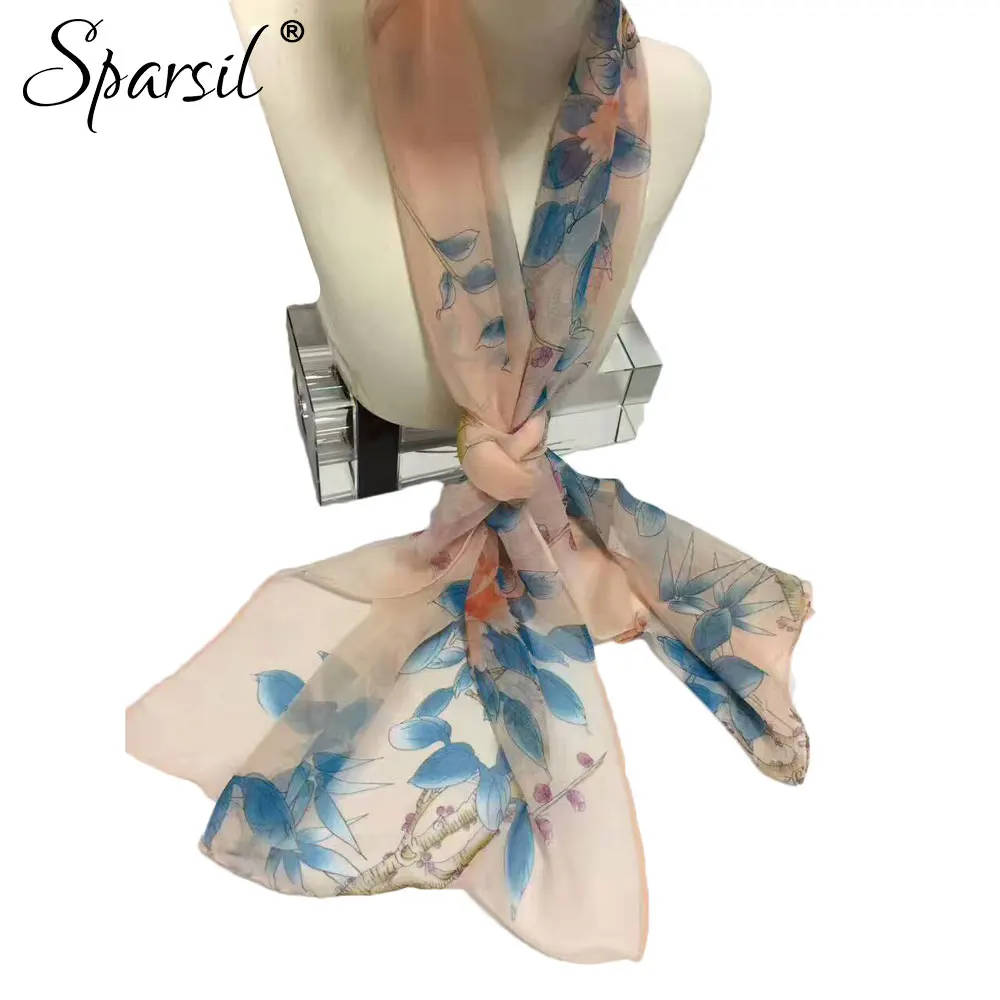 

Sparsil Women's Flower Pattern Satin Silk Scarf Women Thin Long Soft Multi-functional All Match Scarf Fashion Wraps 50x160CM