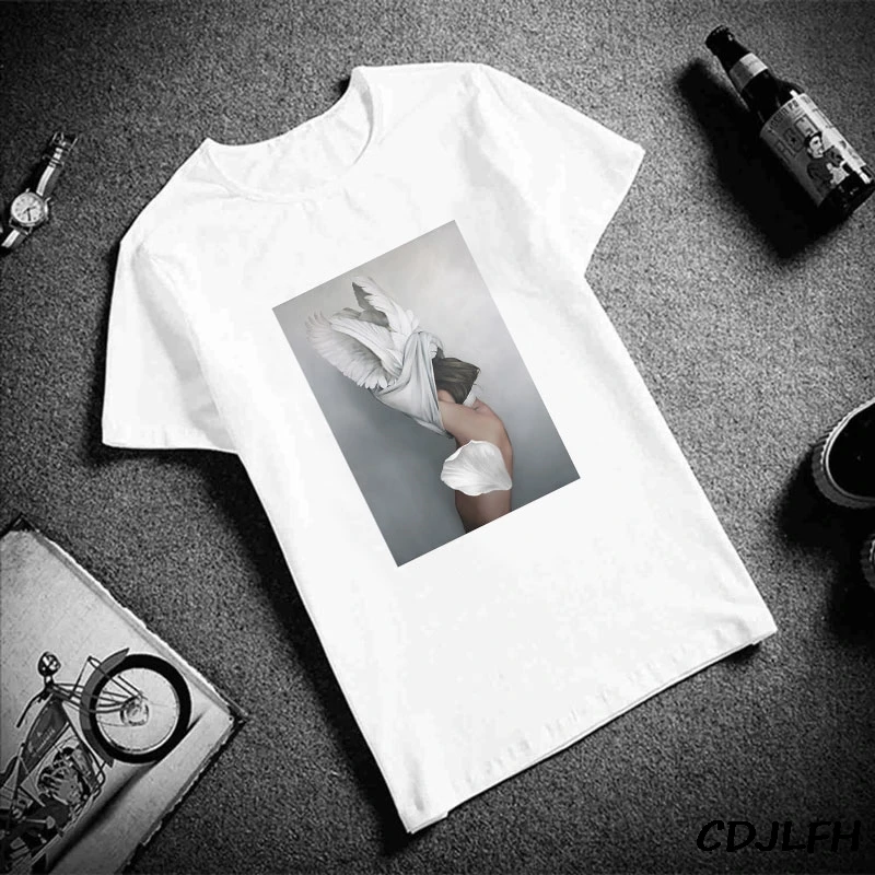 Kawaii Ulzzang Harajuku Эстетическая футболка с цветочным принтом и перьями топы короткими