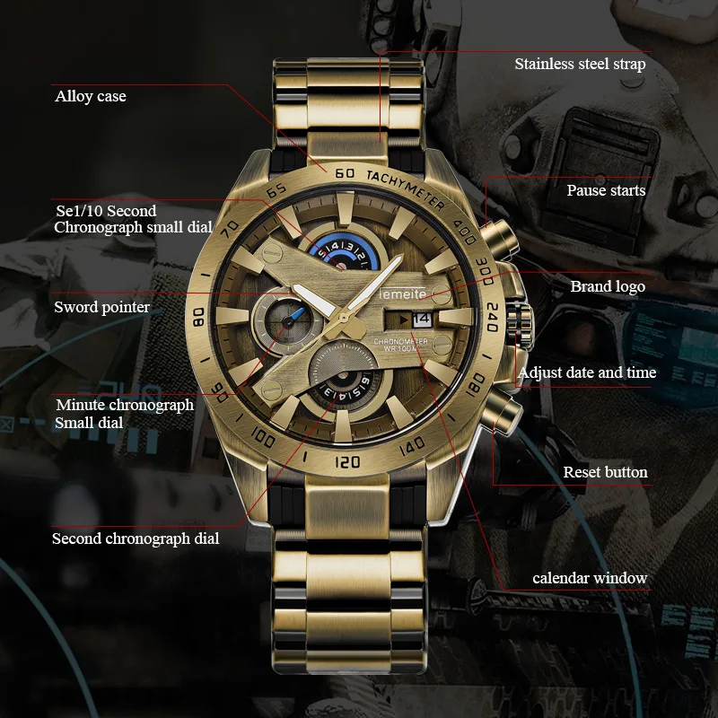 Мужские часы, кварцевые, TEMEITE, брендовые, мужские наручные часы, Роскошные, античный, медный цвет, нержавеющая сталь, водонепроницаемые, Креативные мужские часы
