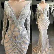 Фантастические новые вечерние платья русалки с глубоким вырезом и длинными рукавами длиной до пола, с бисером, тюлевые вечерние платья для выпускного вечера Robe de mariee