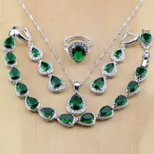 925 пробы серебра в форме капли воды Зеленый Изумрудный Белый CZ Для женщин комплекты ювелирных изделий серьги/подвеска Цепочки и ожерелья/кольца/браслет