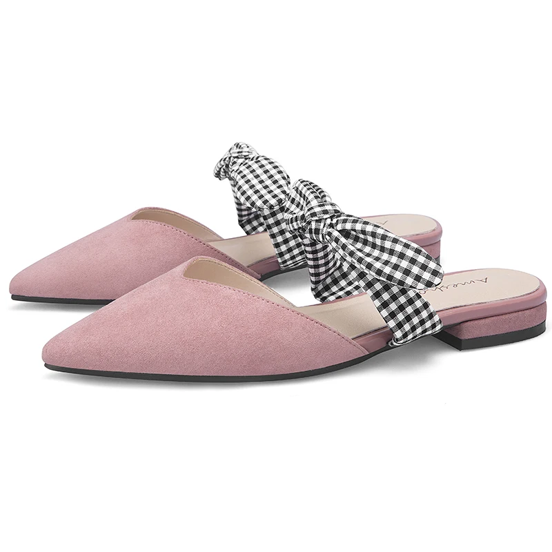 

2019 Spring Pointed Toe Bowknot Pink Yellow Women Mules Slippers Flats Butterfly Loafers Woman Casual Shoes 11811AYD2080