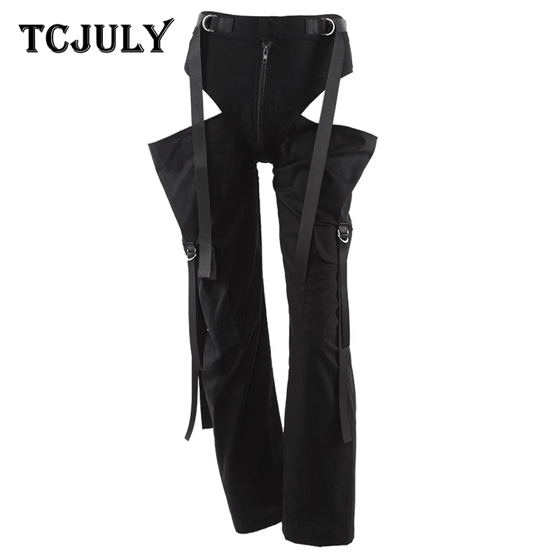 TCJULY новый дизайн стильные штаны в стиле хип хоп женские открытые черные брюки с