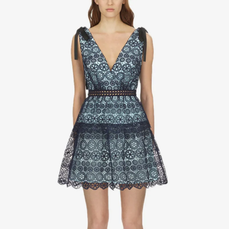 

2019 Summer Self Portrait Dress Sexy Deep V-neck Bow Aline Boho Ladies Designer Lace Hollow Out Beach Dresses Vacation Clothing