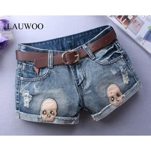 LAUWOO Sexy shorts Woman Skull Jeans Ripped Short Women Novelty Design Summer Blue Shorts Club Denim Jeans Without Belt