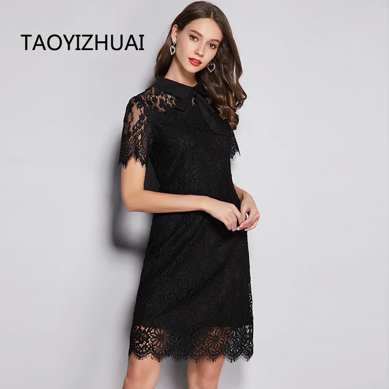 

TAOYIZHUAI Summer New Arrival Black Color Bow Collar Hollow Out Straight Above Knee Office Plus Size Women Lace Dress 11726