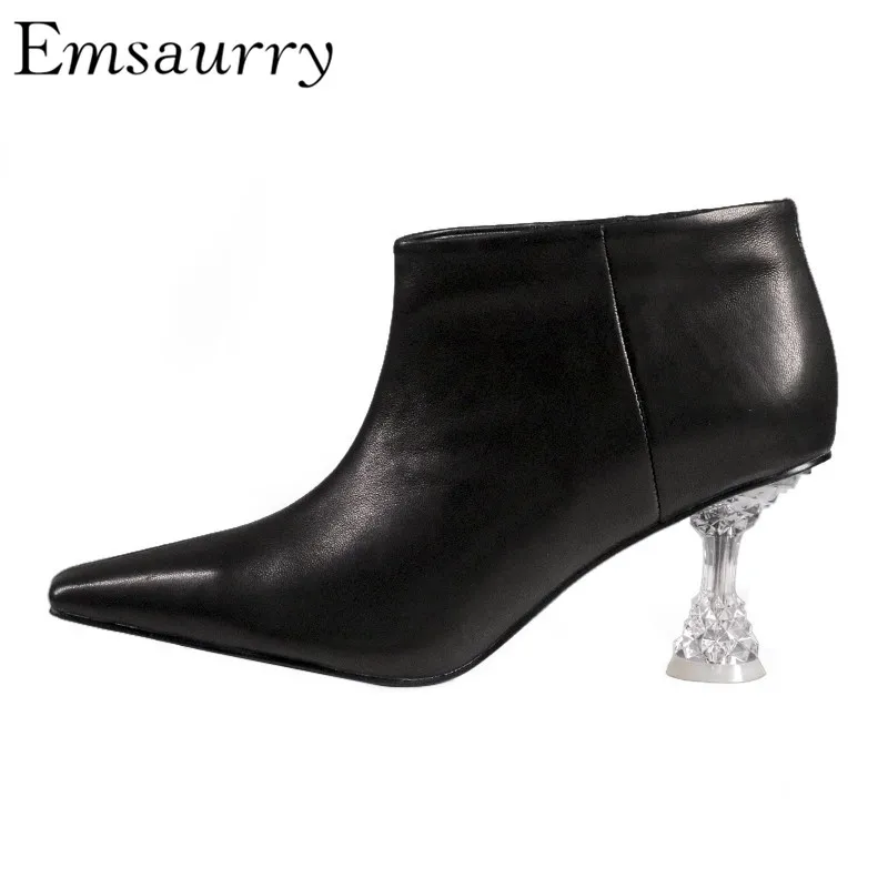 

Unique Crystal Cup Heel Short Booties For Women Square Toe Real Leather Slim Ankle Boots Strange Heel Fashion Botas Mujer