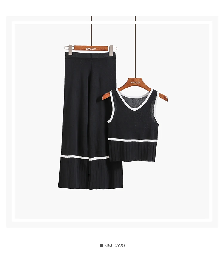 Amolapha, женские топы на бретелях+ широкие штаны, вязаная одежда из 2 предметов, повседневный жилет, джемпер, топы+ штаны, вязаные костюмы - Цвет: Черный