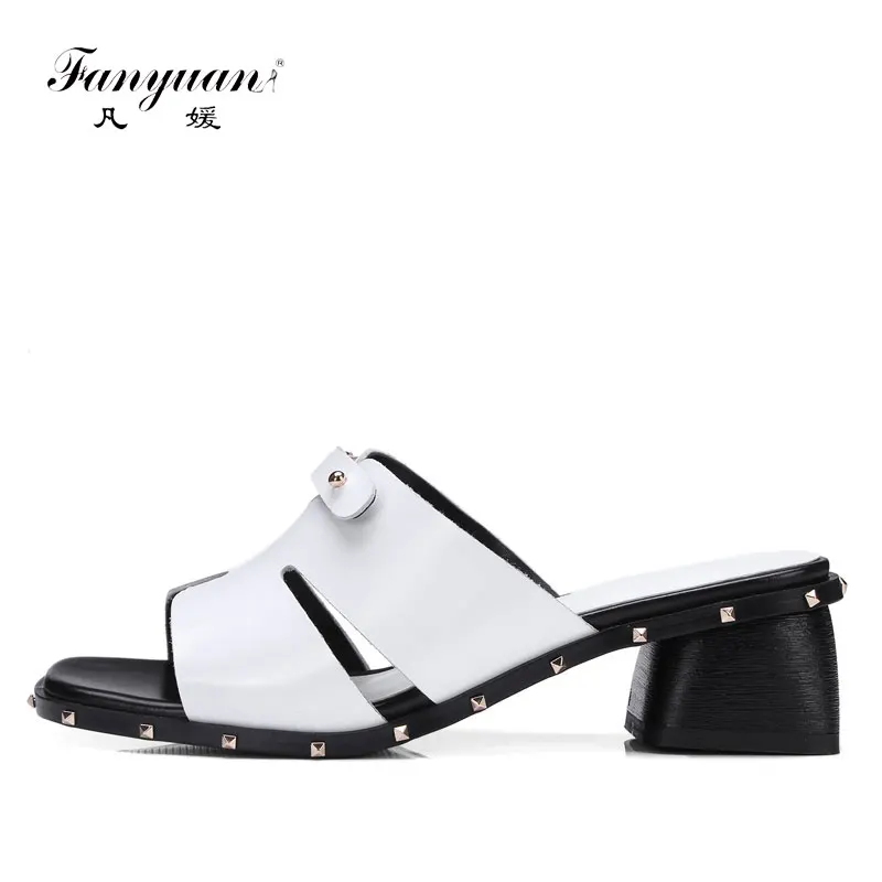 

Fanyuan Women Slippers Genuine Leather Sandals Shoes Women Open Toe High Heel Sandals Ladies Slides Casual Mules Shoes yellow