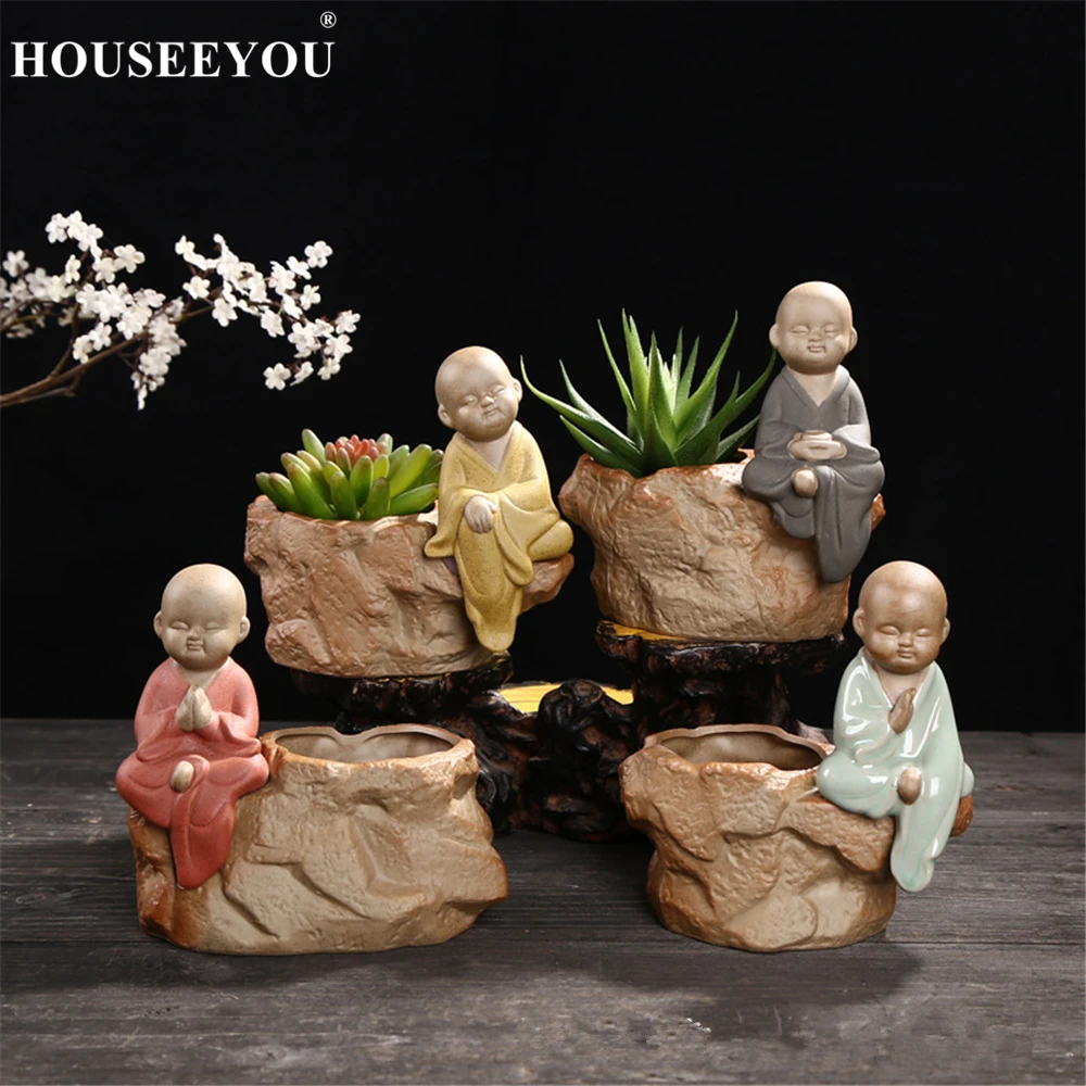 

Ceramic Small Monk Succulents Plants Flower Pot Flowerpot Zen Buddha Buddhist Temple Tabletop Home Office Decorations Crafts