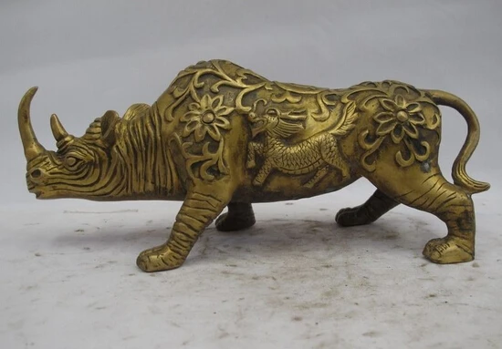 

wholesale factory Chinese Folk Fengshui Copper Bronze Kylin Flower Rhino Rhinoceros ox Statue