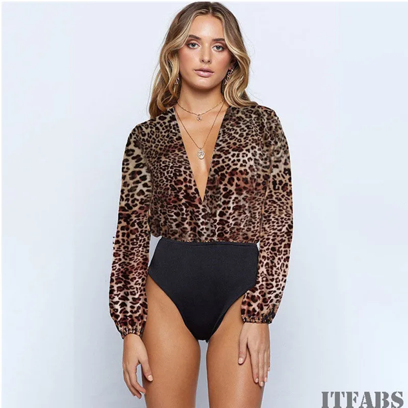 المرأة مثير عميق V Neek ارتداءها تمتد يوتار طويلة الأكمام الجسم بذلة