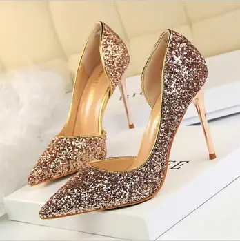 

European and American style sexy thin women's shoes with stiletto high heels shallow mouth pointed side hollow sequined single s