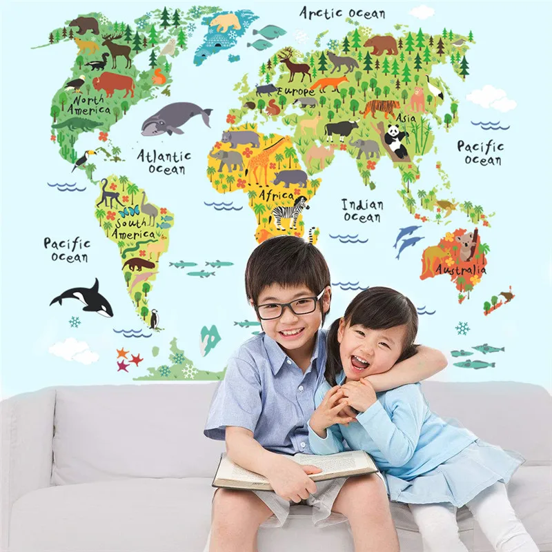 new 037 cartoon animals world map wall decals for kids rooms office home decorations pvc wall stickers diy mural art posters