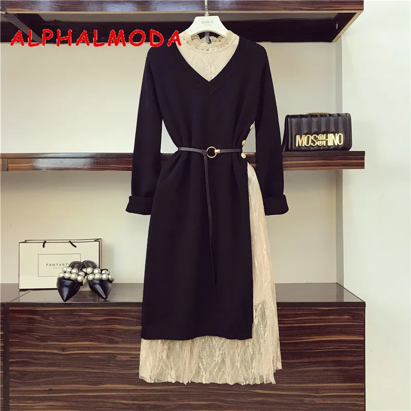 Beste ALPHALMODA OL Elegante Trui Jurk 2 stks Set Trui Losse Lange mouwen Gebreide Jurk met Stijlvolle Side Slit Knoppen + kanten Jurk