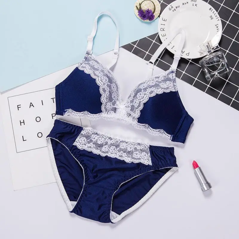 Sexy Women Back Closure Padded Bra Sets B Cup Lace Gauze Patchwork Wireless Bras+Paties Suits Multi-Color