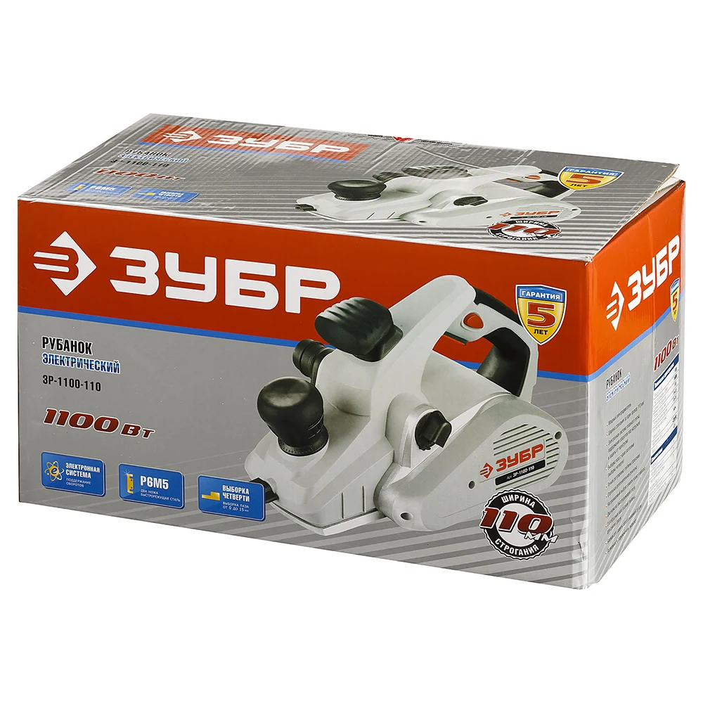 Рубанок электрический ЗУБР ЗР-1100-110  (Мощность 1100 Вт, ширина строгания 0-110 мм, глубина строгания 0-3,5 мм, 16000 об/мин, регулировка глубины строгания,настраиваемый на левую или правую сторону выброс опилок)