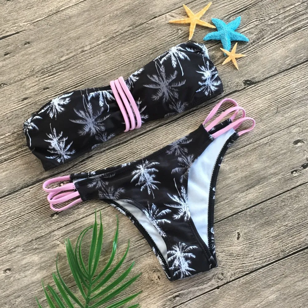

2019 Palm Tree Push up Bikini Set Women Swimwear Sexy Off Shoulder low Waist Swimsuit Women Beach Bathing Suit
