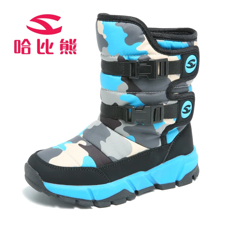 HOBIBEAR/ г. Зимние камуфляжные детские ботинки с флисовой подкладкой для мальчиков, теплые модные ботинки для девочек, зимняя обувь, нескользящая подошва из термопластичной резины - Цвет: Black Sky Blue