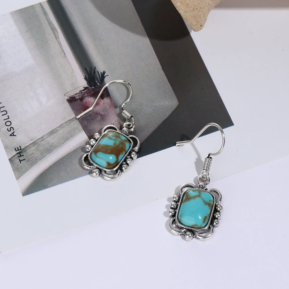 Vintage Silver Gemstone Turquoise Stud Dangled Earrings Jewelry Party Gifts