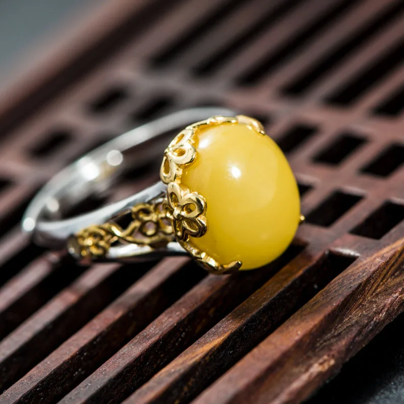 

Retro Silver Jewelry S925 Sterling Silver Cloisonne Hollow Flowers Empty Natural Beeswax Gems Ring Manufacturers Wholesale
