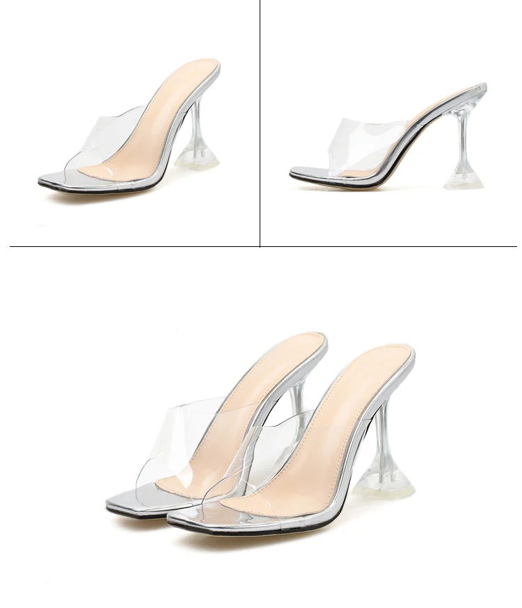 Aneikeh New Summer Rome PVC Transparent Slippers Women's Shoes Open Toe Clear Thin High Heel Crystal Orange Apricot Silver