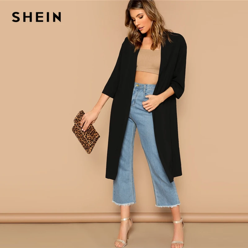 

SHEIN Black Open Front Split Back Plain Solid Longline Kimono Cardigan Women Three Quarter Length Sleeve Summer Kimono Tops