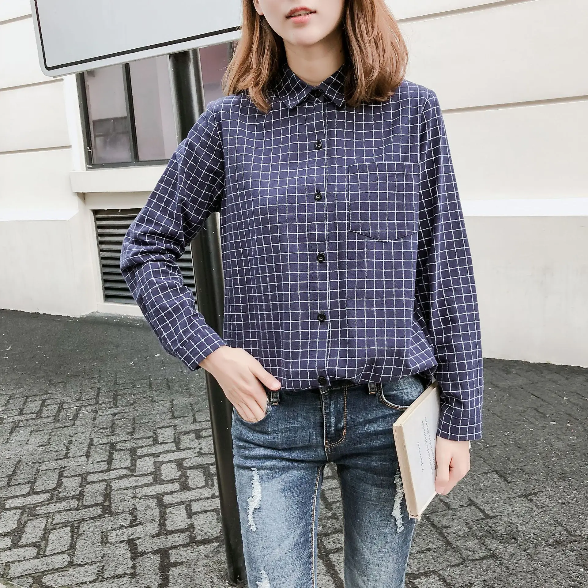 Oversized Women Campus Plaid Check/&Flannel Tartan Shirts Button Down Tops Blouse