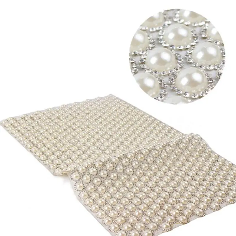 

24*40cm Pearl and Rhinestone Mesh Trim Bridal Applique Hotfix Glass Strass Chain Crystal Banding Jewelry Wedding Dress Decoratio