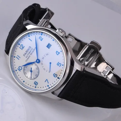 Parnis 43 мм простой белый циферблат раскрытие Пряжка запас хода автоматические мужские часы