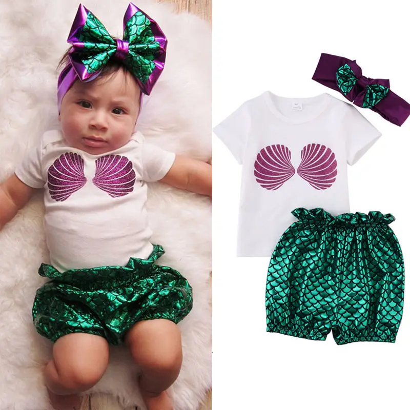 

Newborn Infant Baby Girls Clothes Mermaid Scallop Print T-Shirt Tops+Pants + Headband 3pcs Outfit Toddler Kids Clothing Set