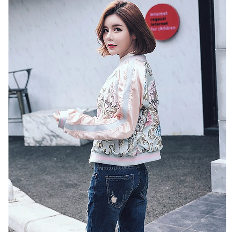 XINGYIDA Autumn Jacket Women 3D Flower Embroidery Satin Slim Short Bomber Jacket Women 2017 Streetwear Outerwear Basic Jackets