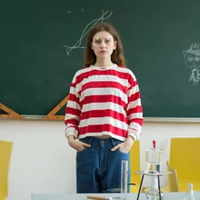 Женские осенние хлопковые футболки высокого качества с круглым вырезом и вышивкой 4NAOH в красную полоску с длинным рукавом, женские футболки, топы, свободные модные футболки