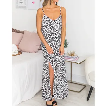 

Women Summer Plus Size V-Neck Leopard Sling Side Split Long Dress платье платье женское vestidos Women