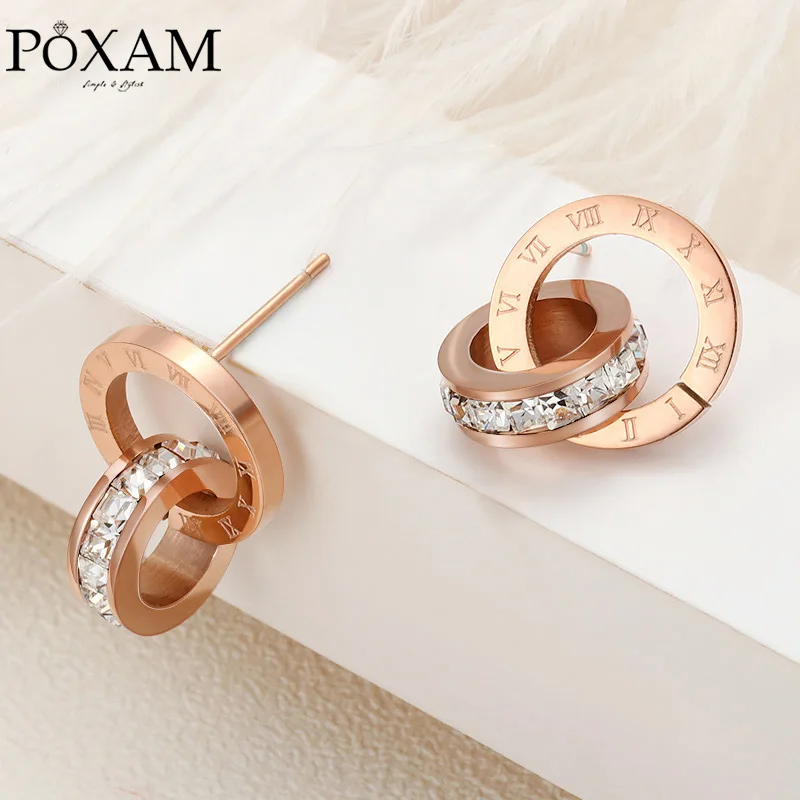 POXAM модные роскошные круглые серьги гвоздики с римскими цифрами и