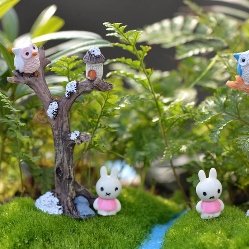 1 PCS Mini Tree Branches Resin Miniatures Owl Fairy Garden House Kit Dolls Christmas Ornaments Baby Toys Random Color