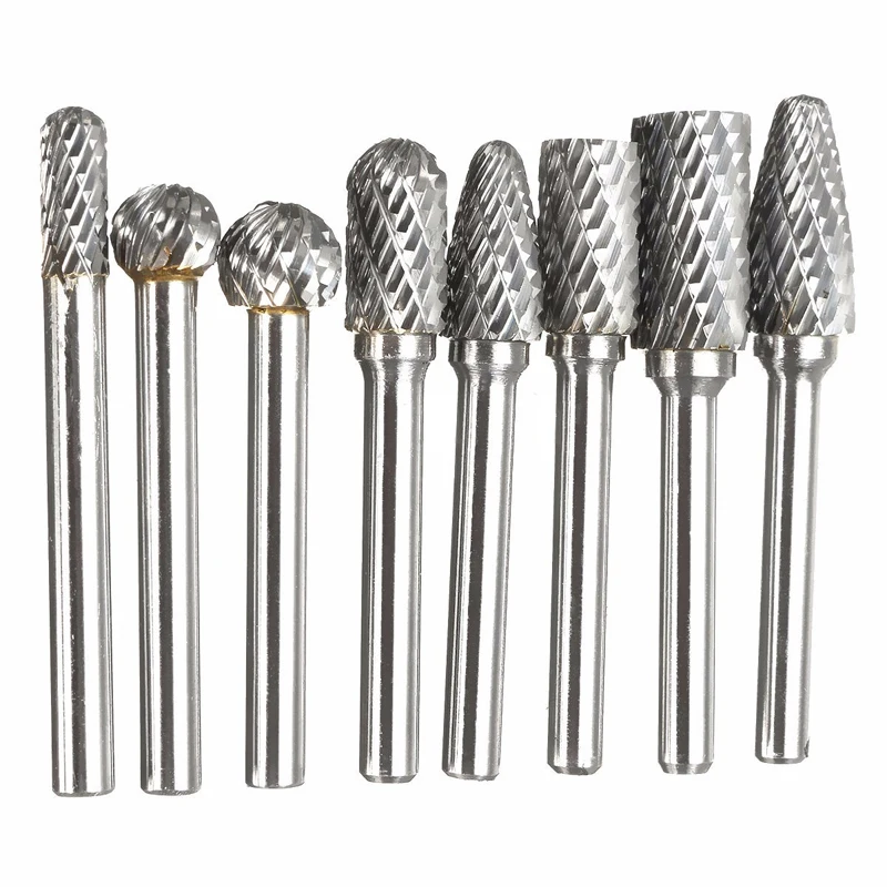 8PCS x 1/4'' Shank Double Cut Carbide Burr Die Grinding Rotary Bit Set W/Case