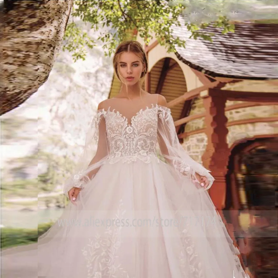 

Scoop Neckline Long Tulle Sleeves with Applique Leaky Shoulder A-line Wedding Dress Sweep Train Illusion Back Bridal Dress