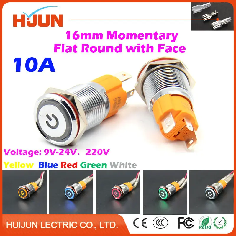 

1pcs 16mm 10A Momentary Push Button Switch with Face Waterproof Flat Round Stainless Steel Metal LED Light Car Horn Auto Reset