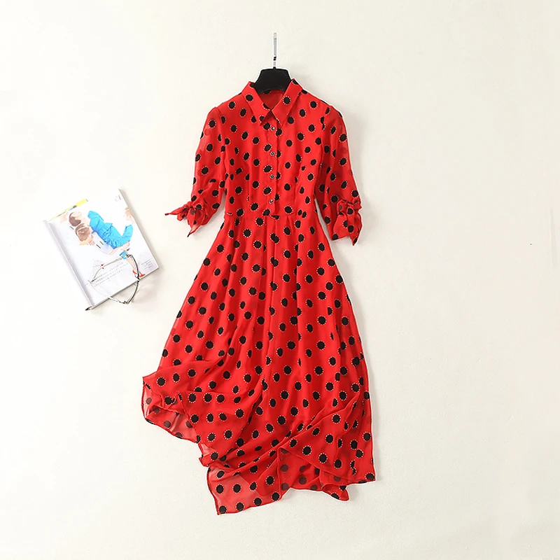 

HIGH QUALITY Newest Fashion 2019 Summer Runway Asymmetrical Dress Women's Elegant Bow Sleeve Back Dot Printed Red Shirt Dress